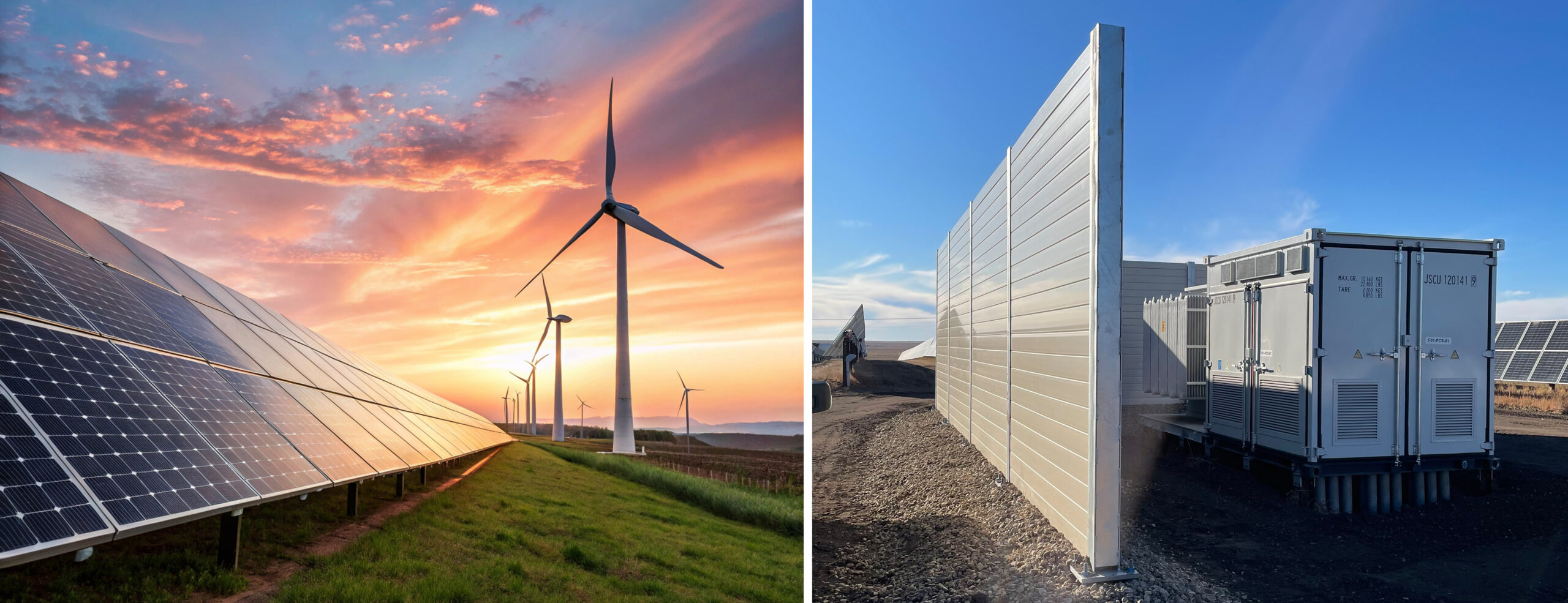 Noise barrier walls for solar farms and wind farms