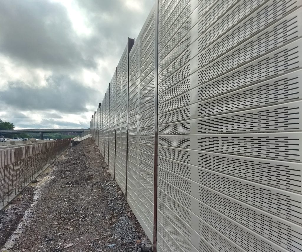 Close up of Silent Protector sound barrier wall perforated panels