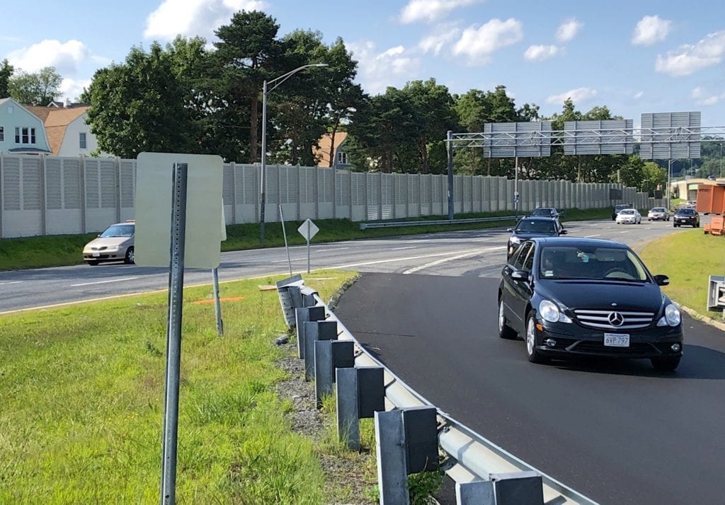 Off ramp view of MassDOT highway sound barrier wall replacement