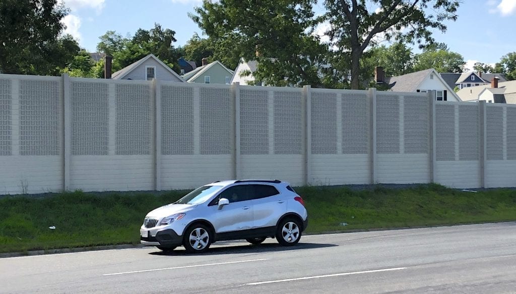 Wide view of MassDOT highway sound barrier wall replacement