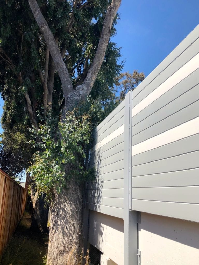 Exterior close-up of tree and sound barrier wall on side of parking structure