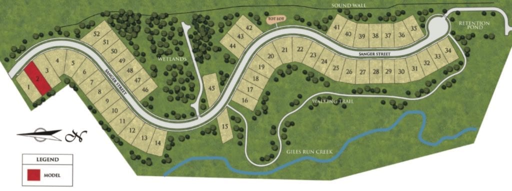 Plan of residential development showing noise barrier wall