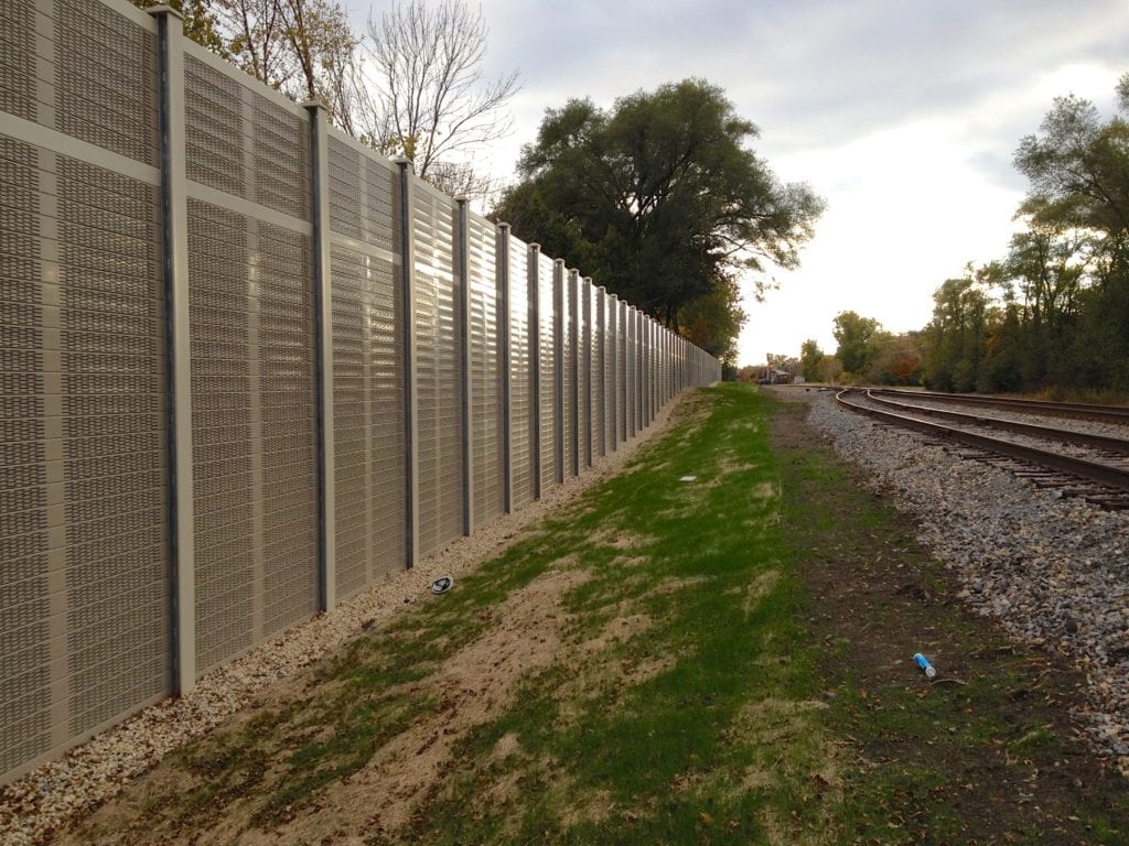 Reverse view of railway noise barrier wall