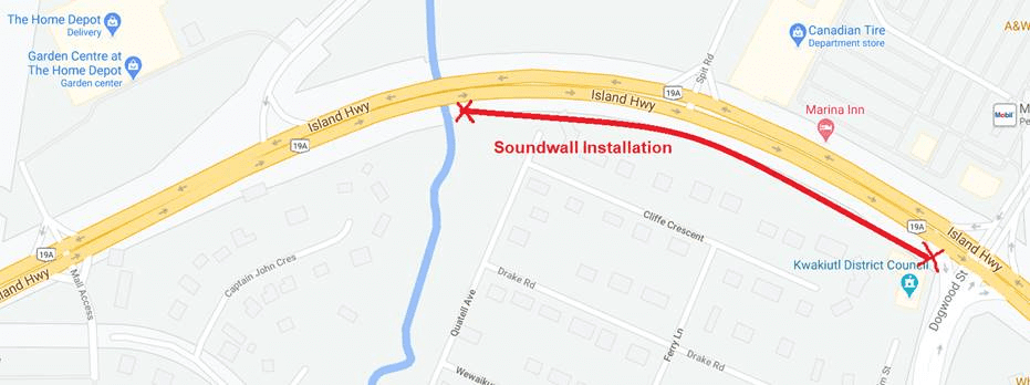 Location map of highway noise barrier wall in Campbell River