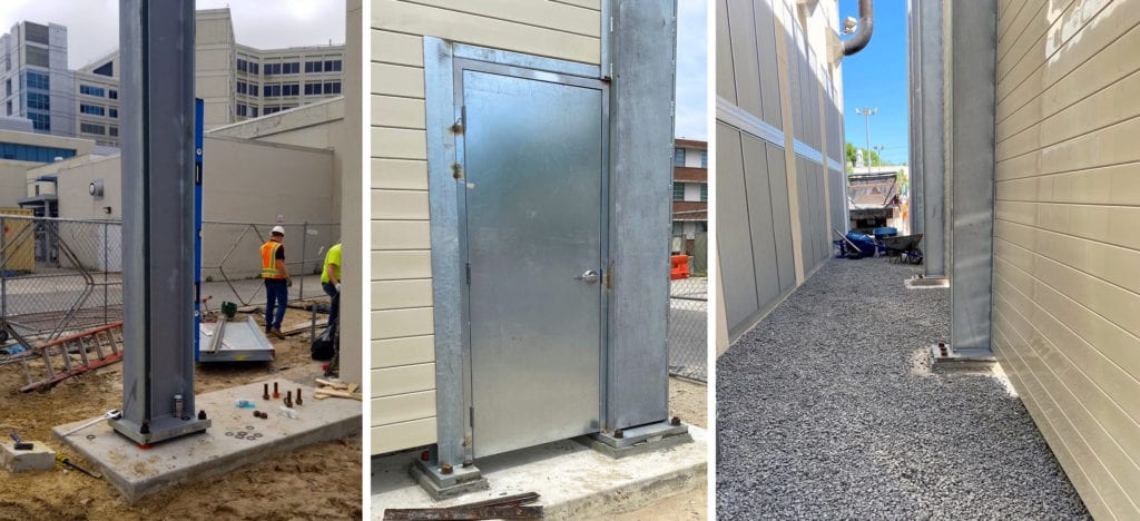 Detail views of sound barrier wall foundation access door and backside