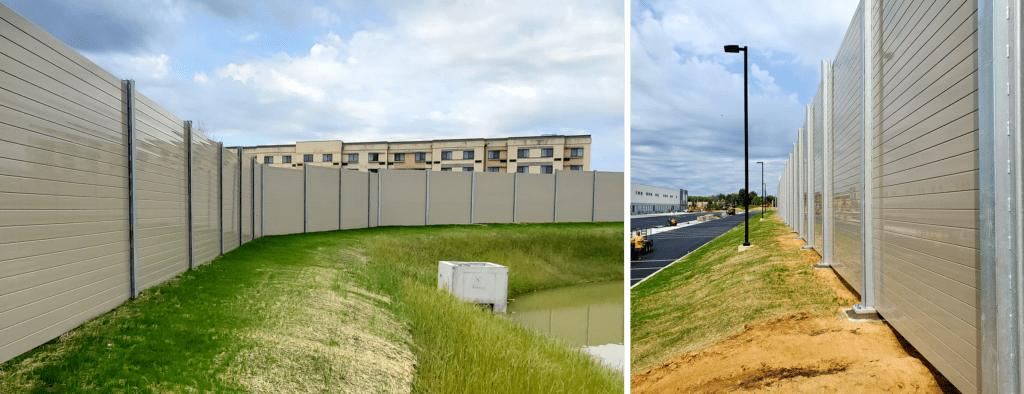 : Views of noise barrier wall with hotel and warehouse in background