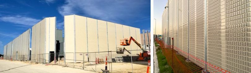 Wide and detailed views of noise barrier wall equipment enclosure 