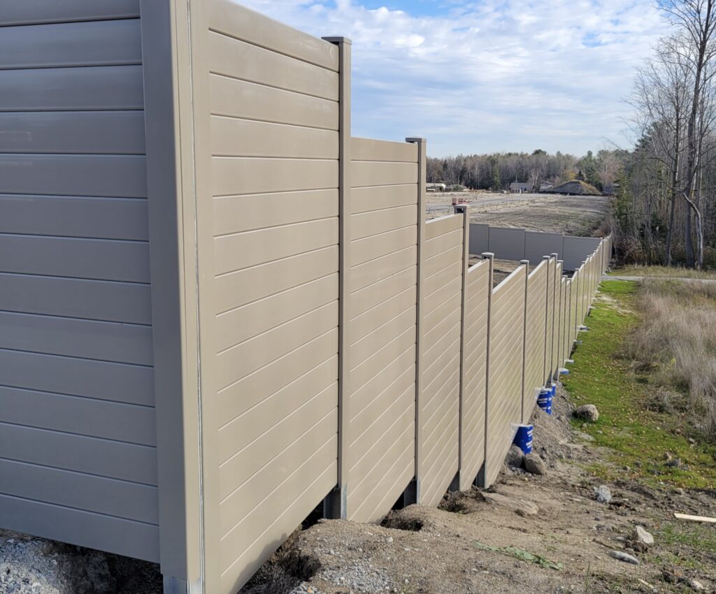 Corner view of residential development noise barrier wall