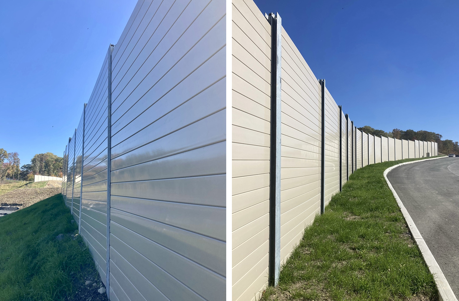 Close-angled views of logistics center noise barrier wall