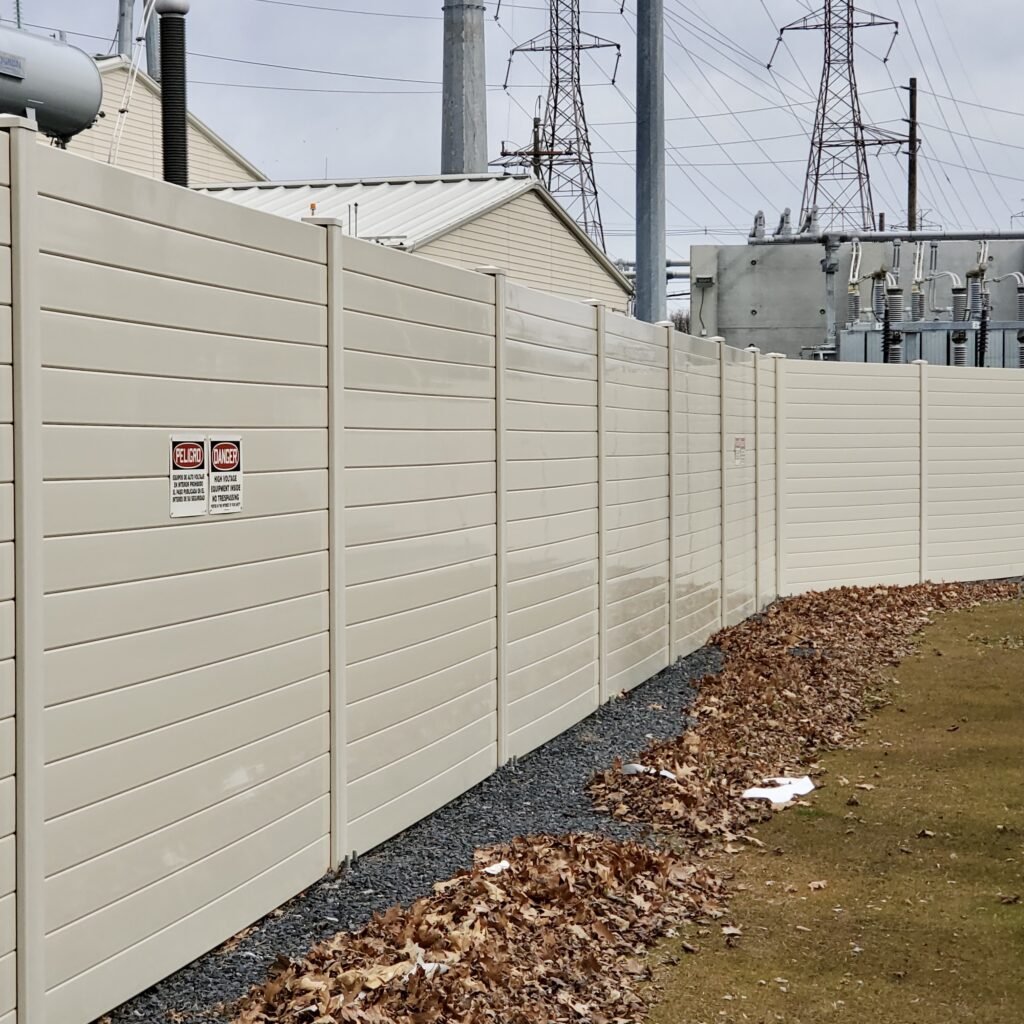 Exterior view of electrical switching station noise barrier wall