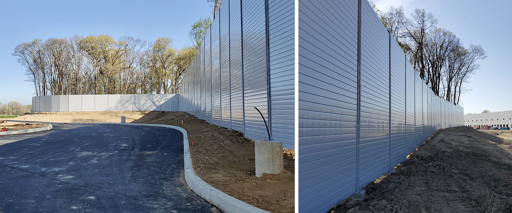 Close-angled views of sound barrier wall at Prologis business center