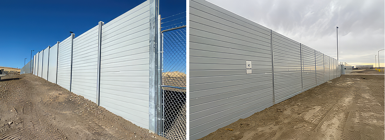 Views of sound barrier wall at FedEx logistics center