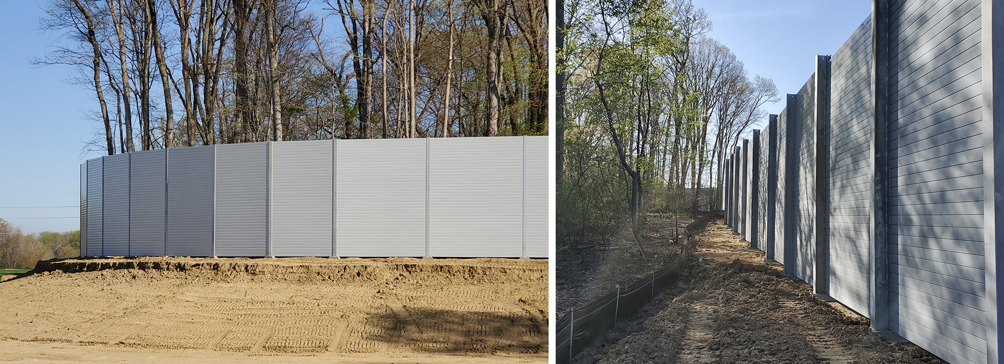 Views of sound barrier wall curving around trees