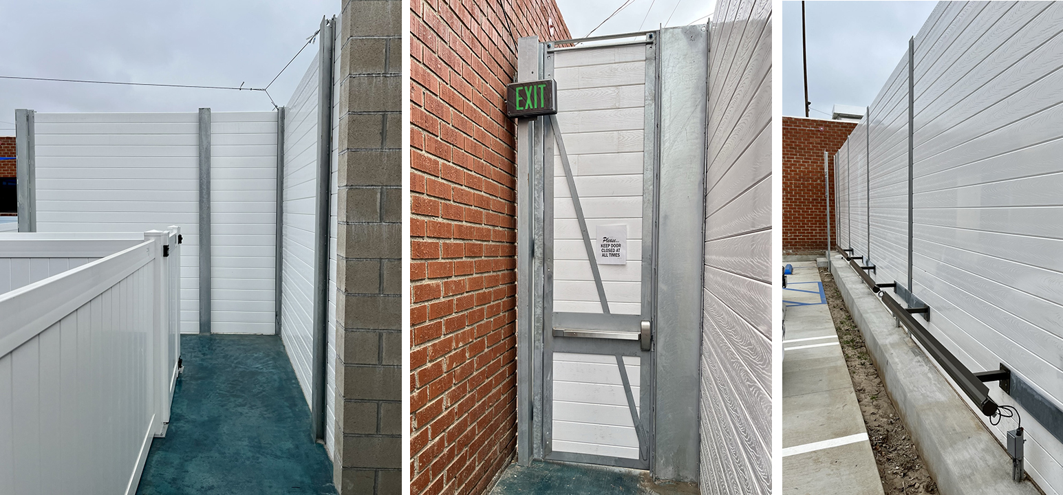 Detail views of sound walls at dog daycare