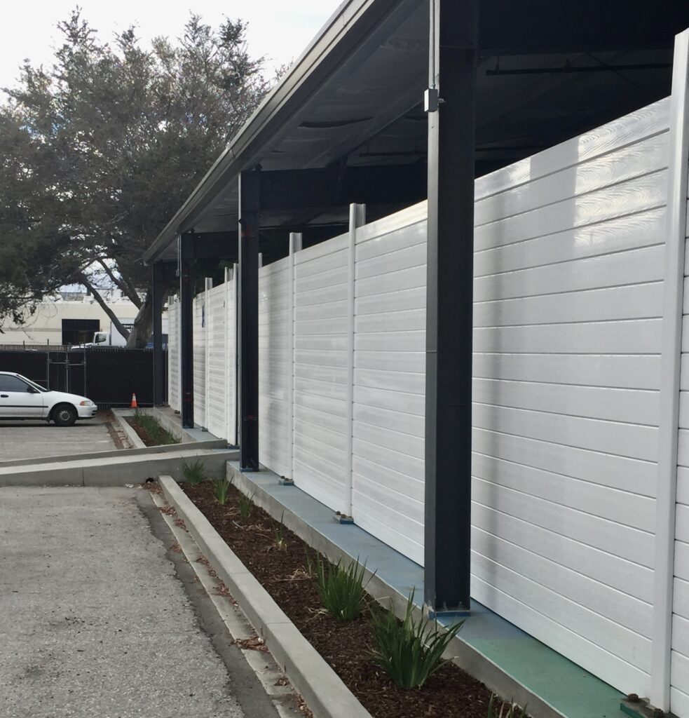 Angled exterior view of sound wall at dog daycare