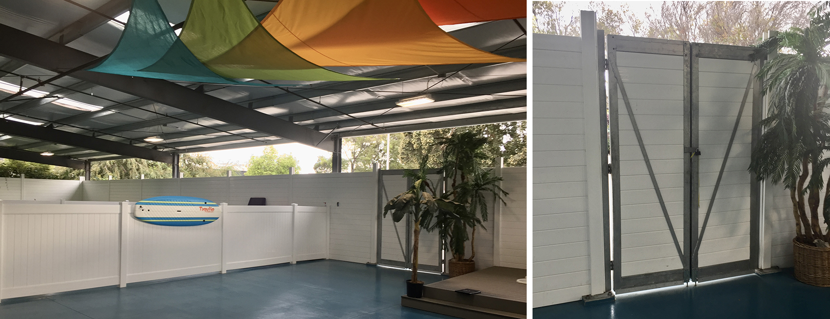 Interior and double gate detail views of sound wall at dog daycare