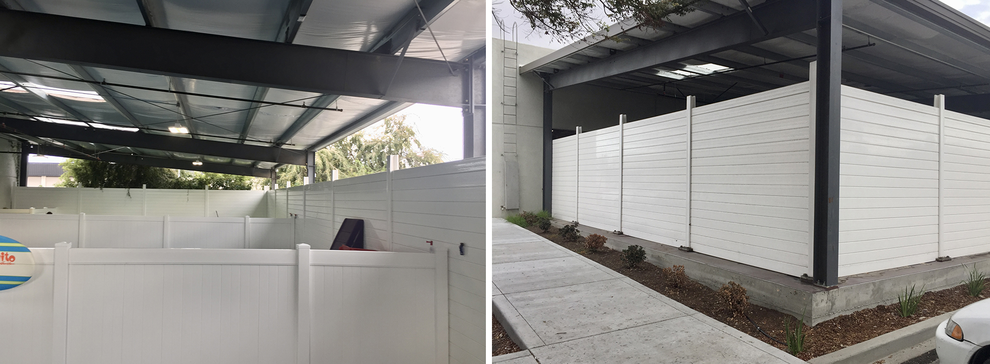 Interior and exterior views of sound wall at dog daycare