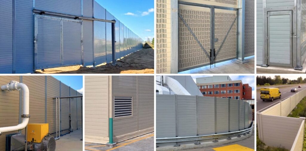 Multiple views of sound barrier wall equipment enclosures