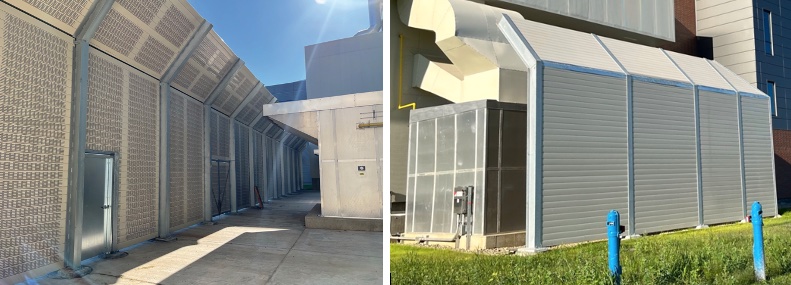 Views of noise barrier wall equipment enclosure with angled top panels