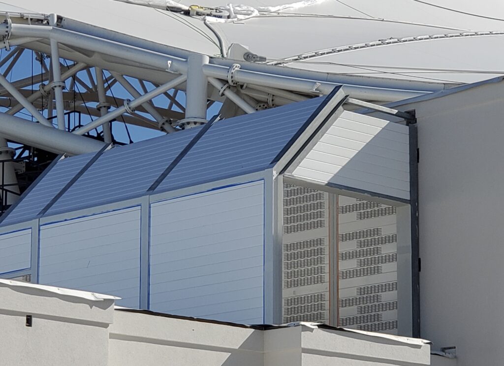 Angled view of rooftop equipment enclosure