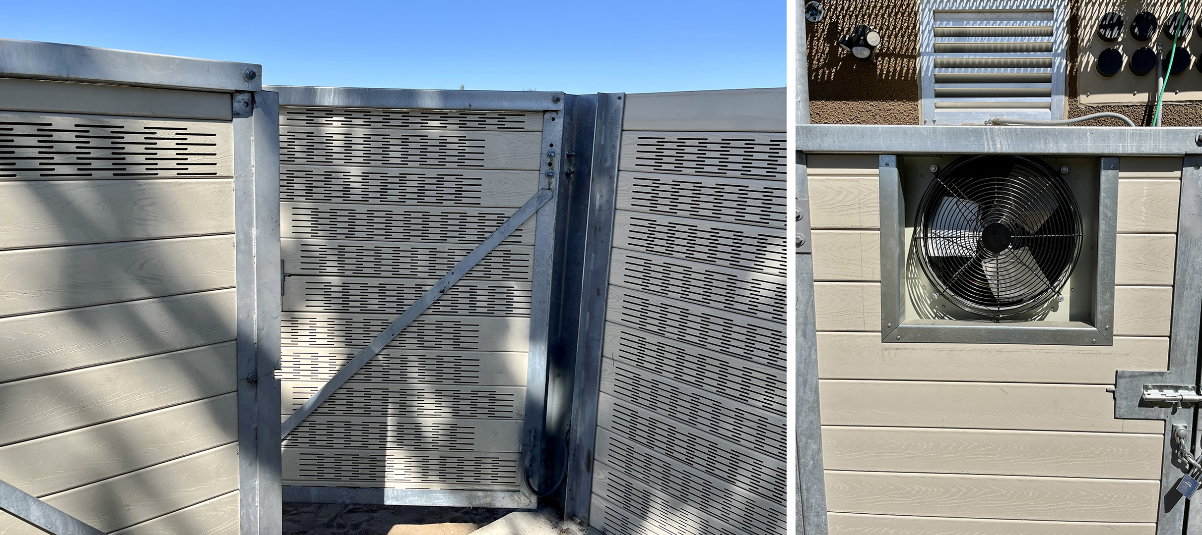 Detail views of sound barrier wall at cell tower base