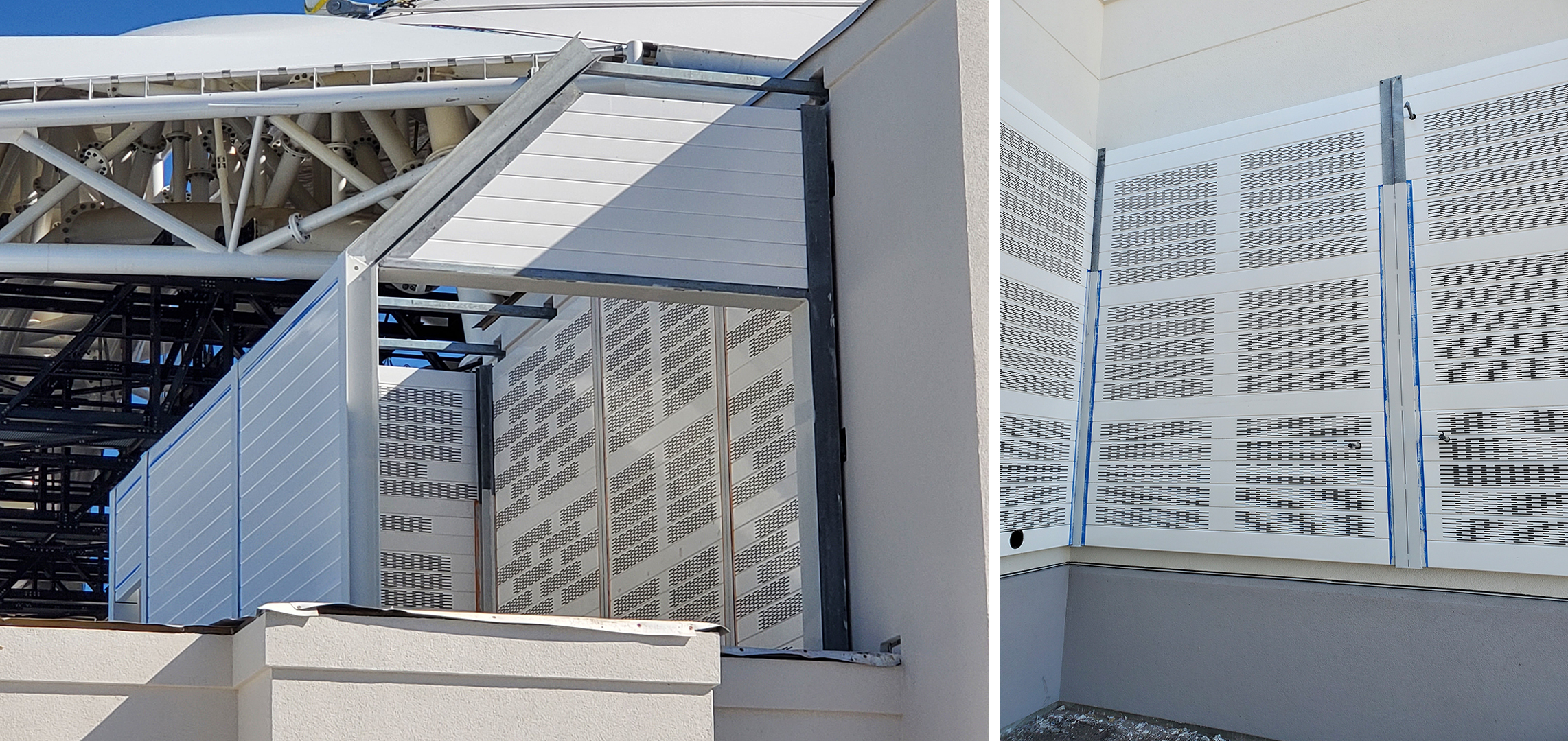 Views of wall clad panels in rooftop equipment enclosure 