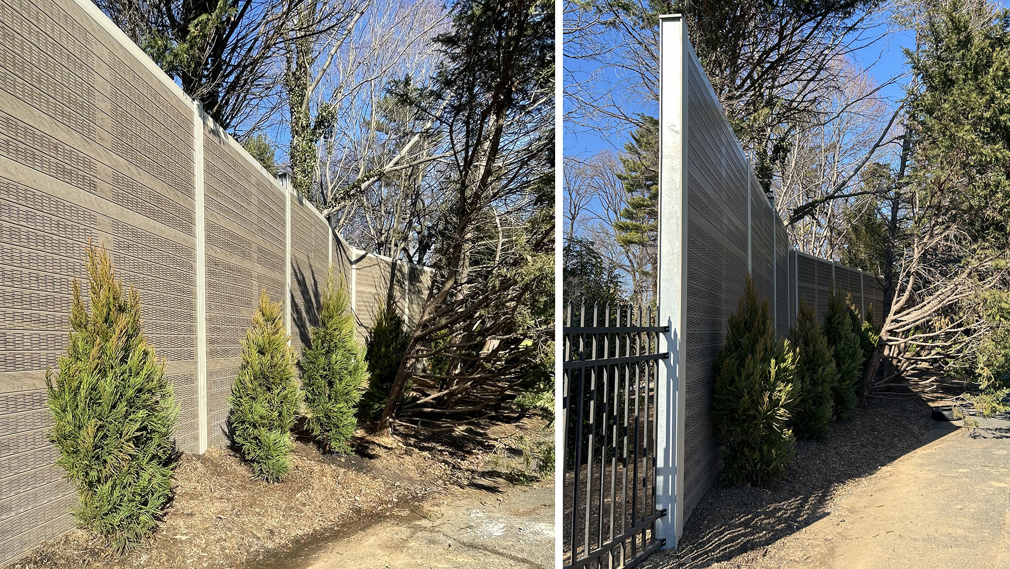 Detail views of sports field noise barrier wall running through wooded area