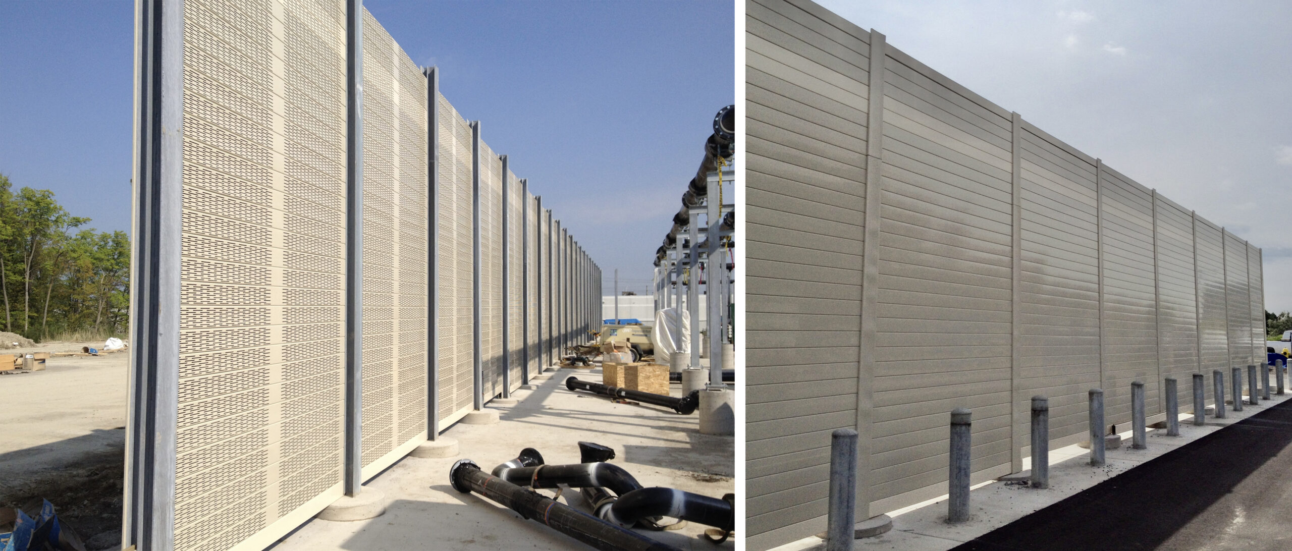 Interior and exterior views of data center sound barrier wall