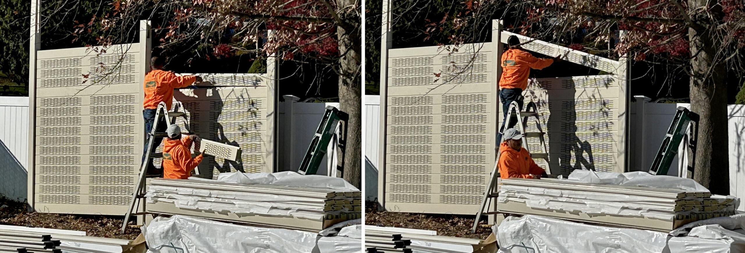 Two assembly views of Chick-fil-A drive-thru noise barrier wall