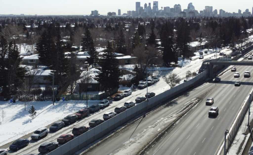 Wide view of sound barrier wall on Crowchild Trail