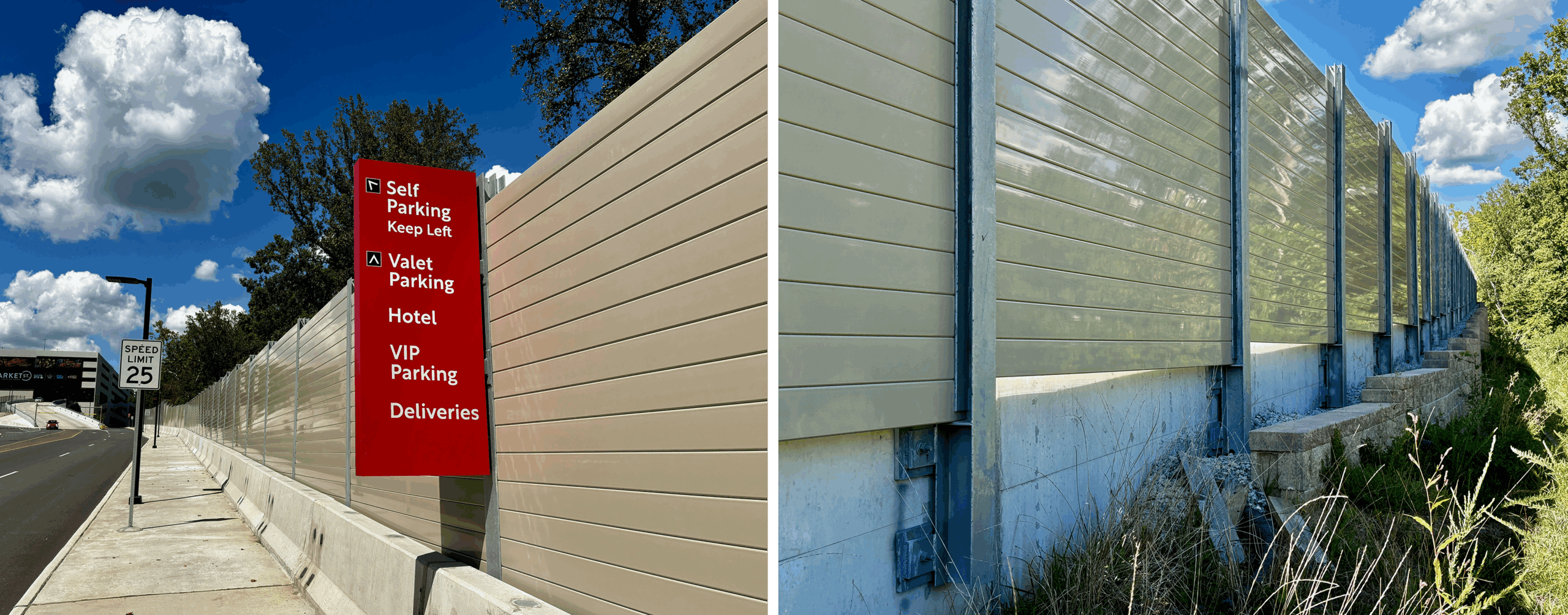 Two detail views of structure-mounted sound barrier wall 