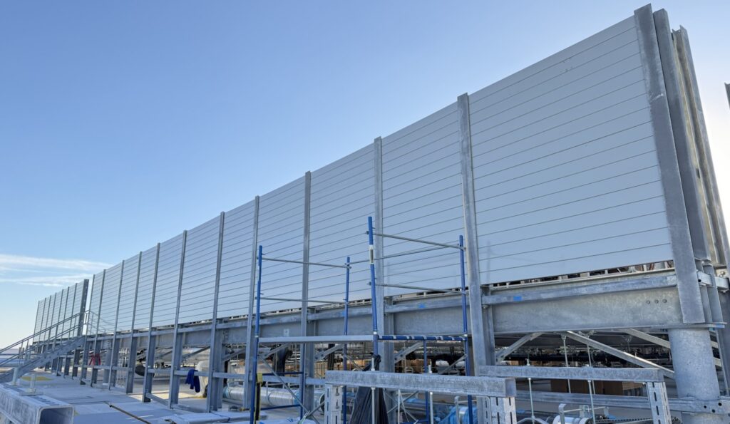 Exterior view of sound wall equipment surround for data center