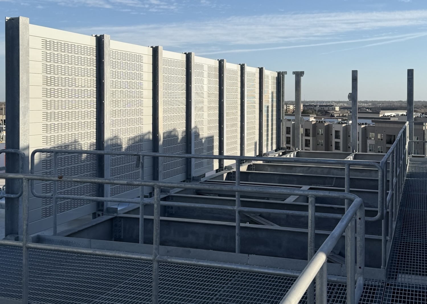 Angled-interior view of sound wall equipment surround for data center