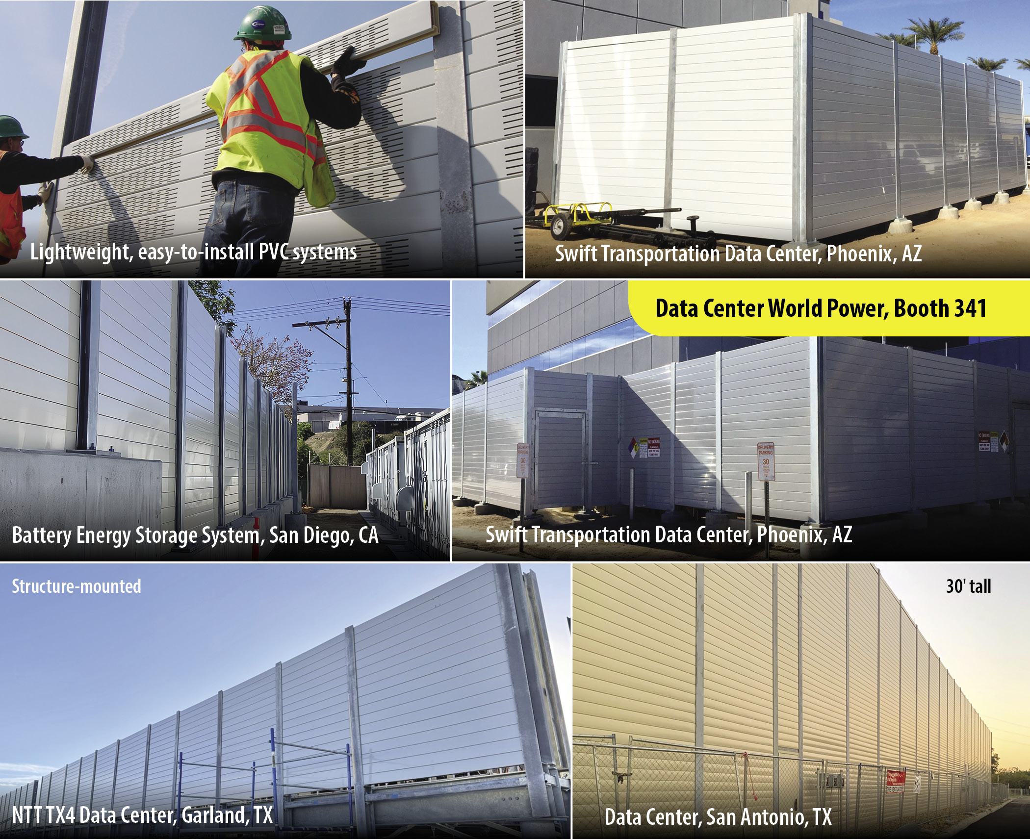 Six images that show AIL Sound Walls used by data centres